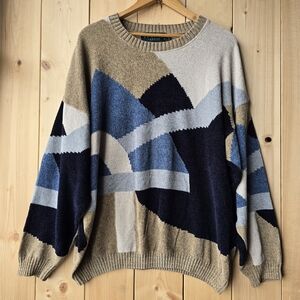 Vintage Tundra Canada Soft Knit Crewneck Sweater Colorblock Tan Blue Womens XL